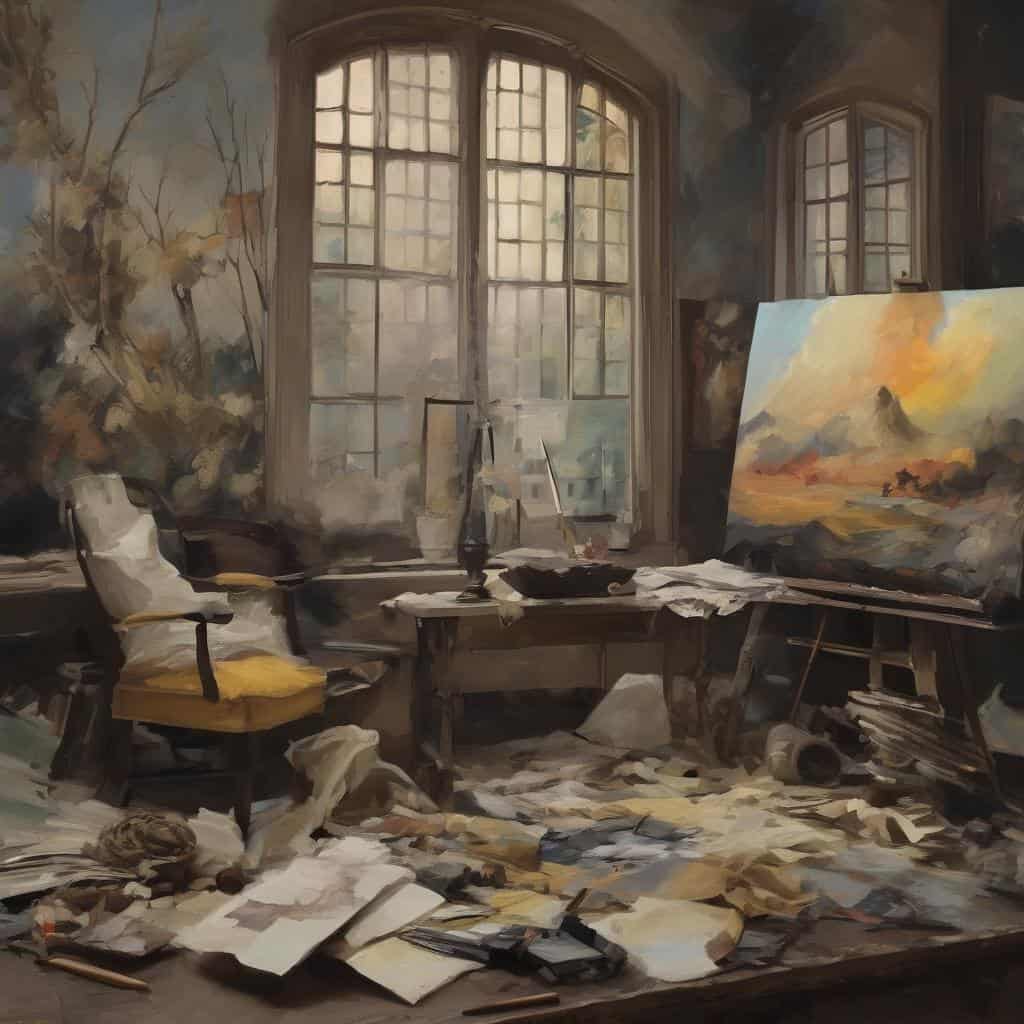 Καλλιτέχνες και έργα τους, εσωτερικό ζωγραφικής στο εργαστήριο, πινελιές και καμβάδες.