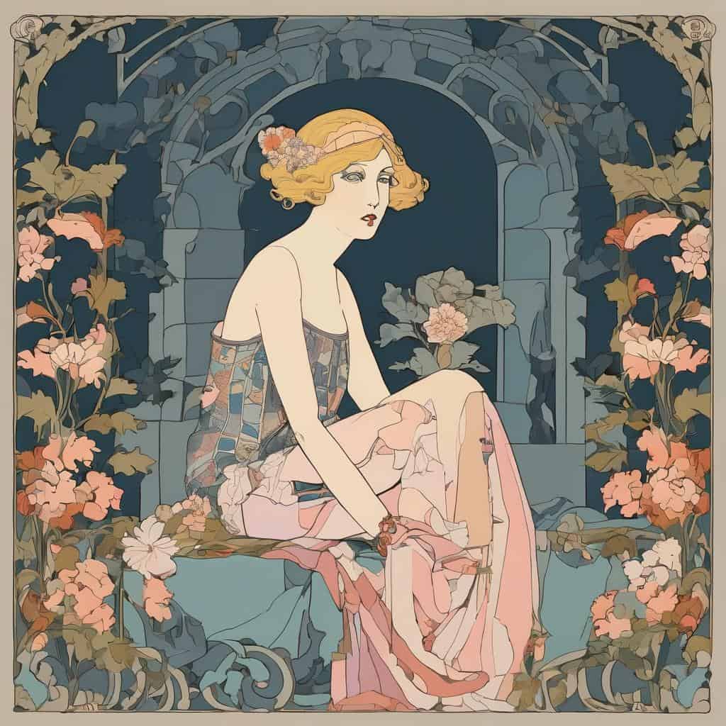 Γυναίκα σε ψηφιακή τέχνη, εμπνευσμένη από σημαντικούς Έλληνες καλλιτέχνες και τα έργα τους, με floral στοιχεία και αρχαία σύμβολα, σε ονειρική και ιστορική ατμόσφαιρα.