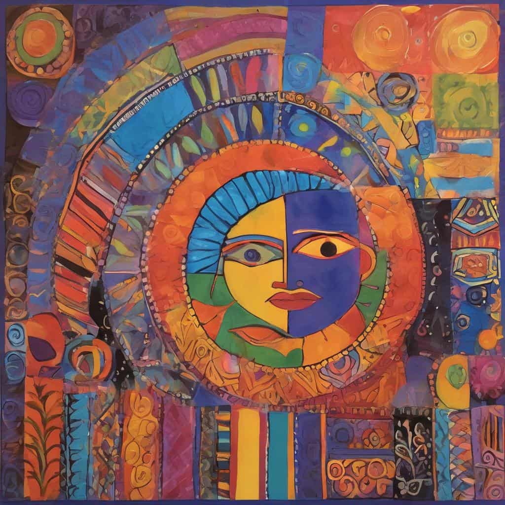 Ελληνική αφηρημένη τέχνη με ζωγραφισμένο πρόσωπο σε πολύχρωμα σχήματα και μοτίβα, εμπνευσμένη από Έλληνες καλλιτέχνες και τα έργα τους, με έντονα χρώματα και αφαιρετικά στοιχεία, ιδανική για την προώθηση της ελληνικής τέχνης.