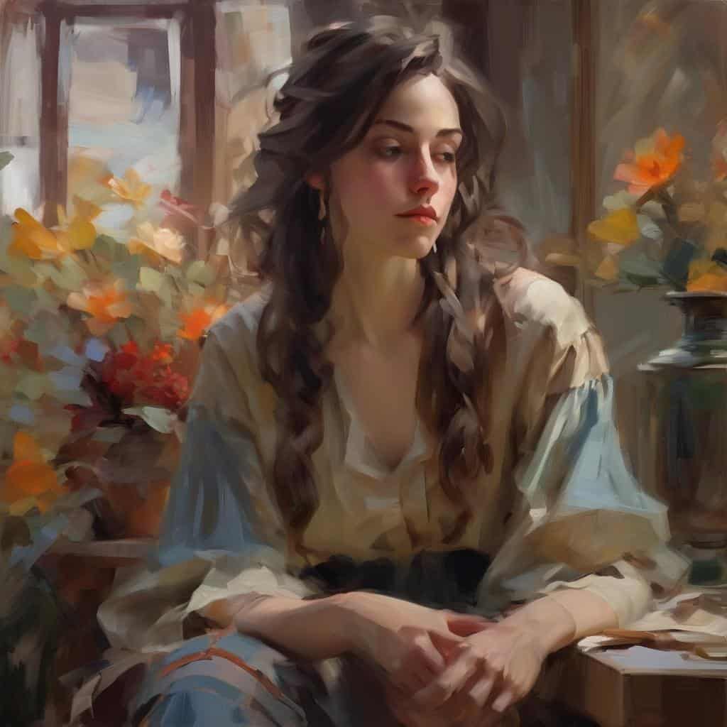 Όμορφη νεαρή γυναίκα με καστανά μακριά μαλλιά σε εσωτερικό χώρο με λουλούδια, πορτρέτο σε ρεαλιστικό και καλλιτεχνικό ύφος, αντιπροσωπεύει σημαντικούς Έλληνες καλλιτέχνες και τα έργα τους.