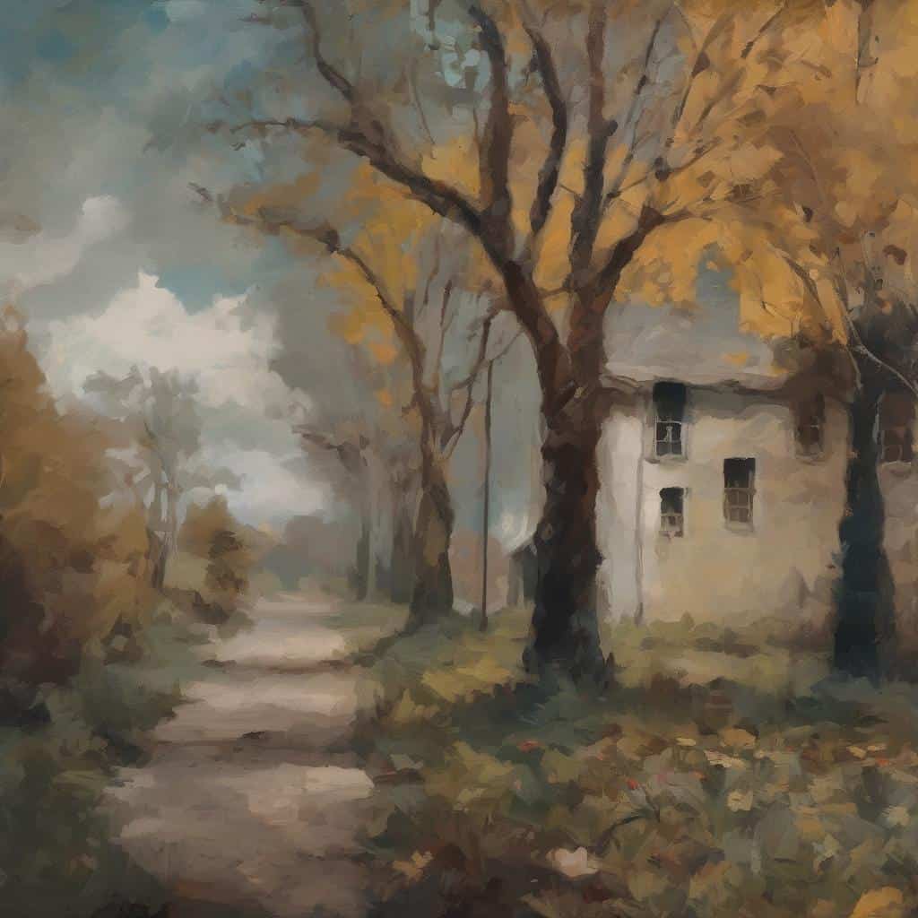 Χαρακτηριστικό έργο Έλληνα καλλιτέχνη, χαρακτηριστικό τοπίο με δέντρα και παλιό σπίτι σε γήινες αποχρώσεις, αντανάκλαση της ελληνικής φύσης και παράδοσης, κατάλληλο για αναζητήσεις σχετικά με σημαντικούς ελληνικούς καλλιτέχνες και τα έργα τους.