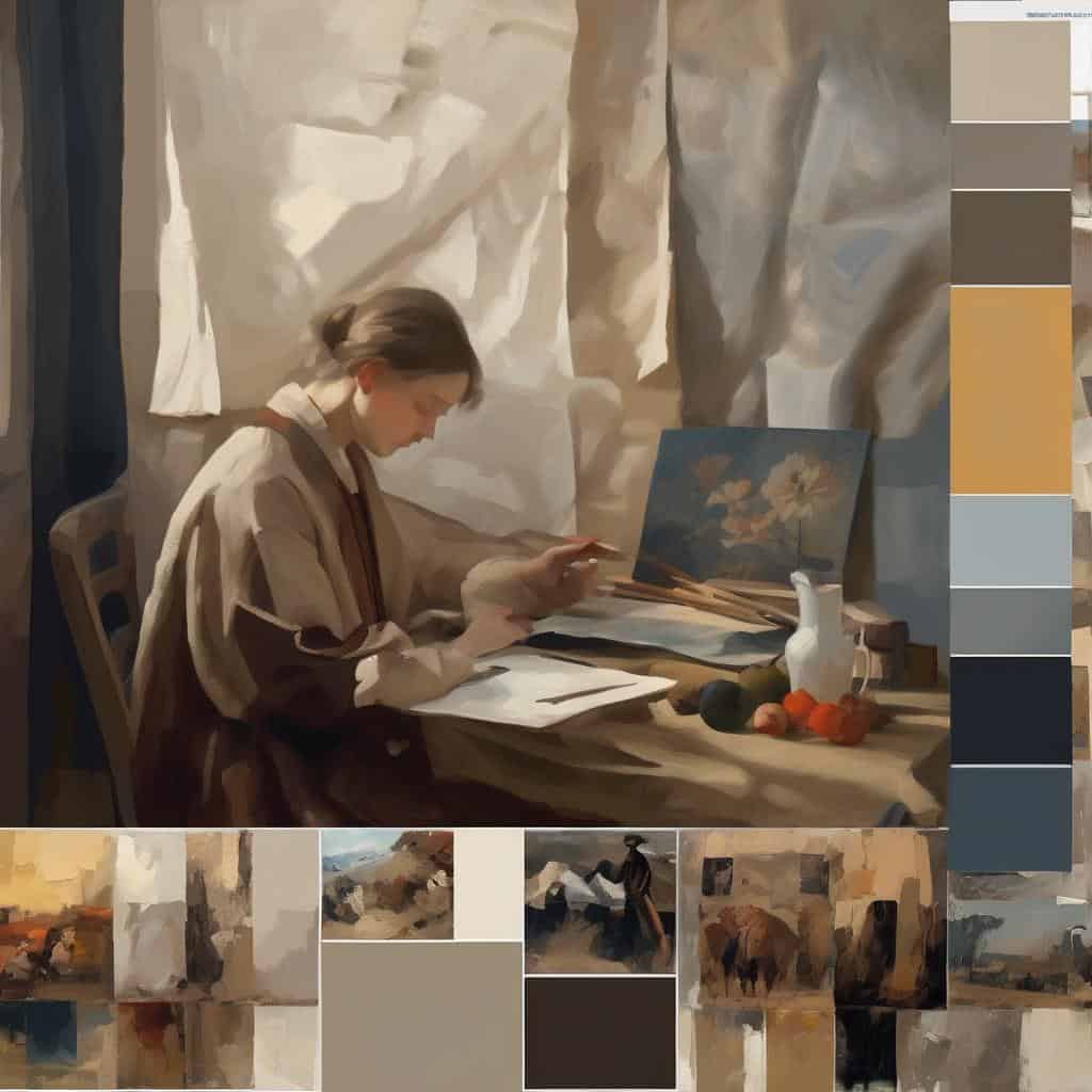 Ζωγράφος ερασιτέχνης γυναίκα ζωγραφίζει σε καμβά, αφηρημένα και ρεαλιστικά έργα τέχνης, σε φιλόξενη στούντιο με φυσικό φωτισμό.